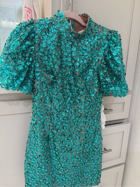 Queen of sparkles Teal Sequin Puff Sleeve Mini Dress